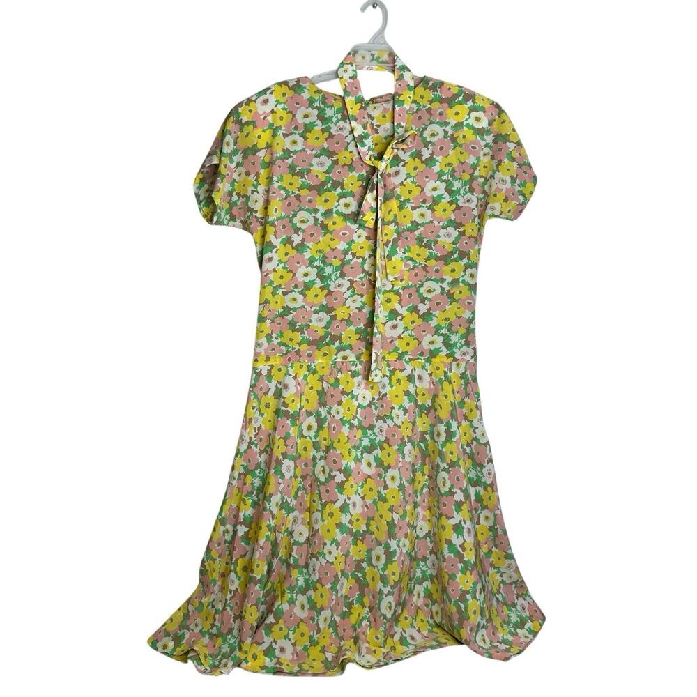 Tanner Floral Belted Short Sleeve Dress size 12 Vintage Yellow Classic